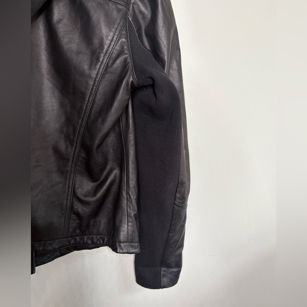 Hinge Black Leather Hooded Moto Jacket Asymmetrical Zip - Picture 3 of 9